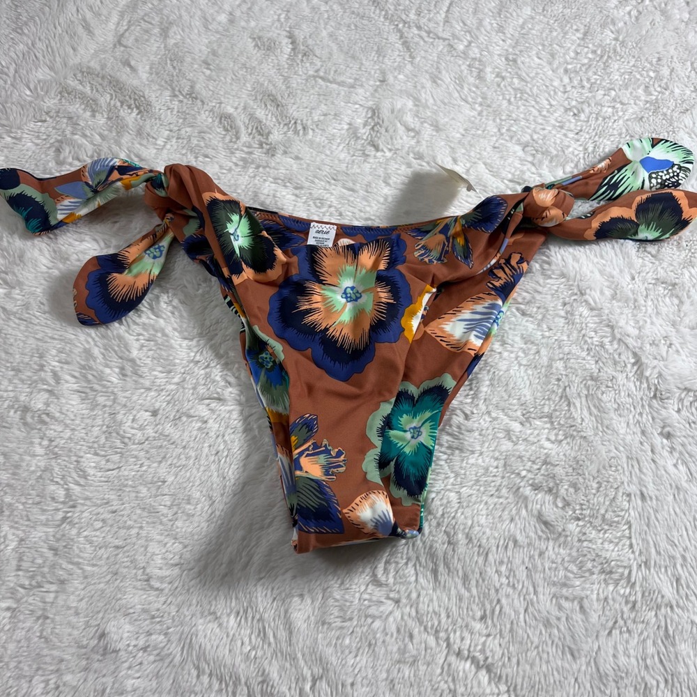 Aerie Cheekiest Side Tie Bikini Bottom Floral Terracotta Brown Size Small‎ NWT